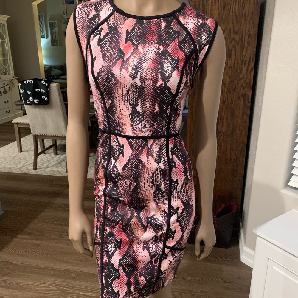 Pink, black and white imitation snake skin print. Size 8, stretchy material.